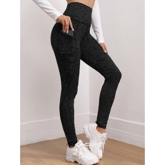 NEW High Rise Contrast Stitching Leggings Pockets Medium Pull On Stretchy black - Picture 1 of 11